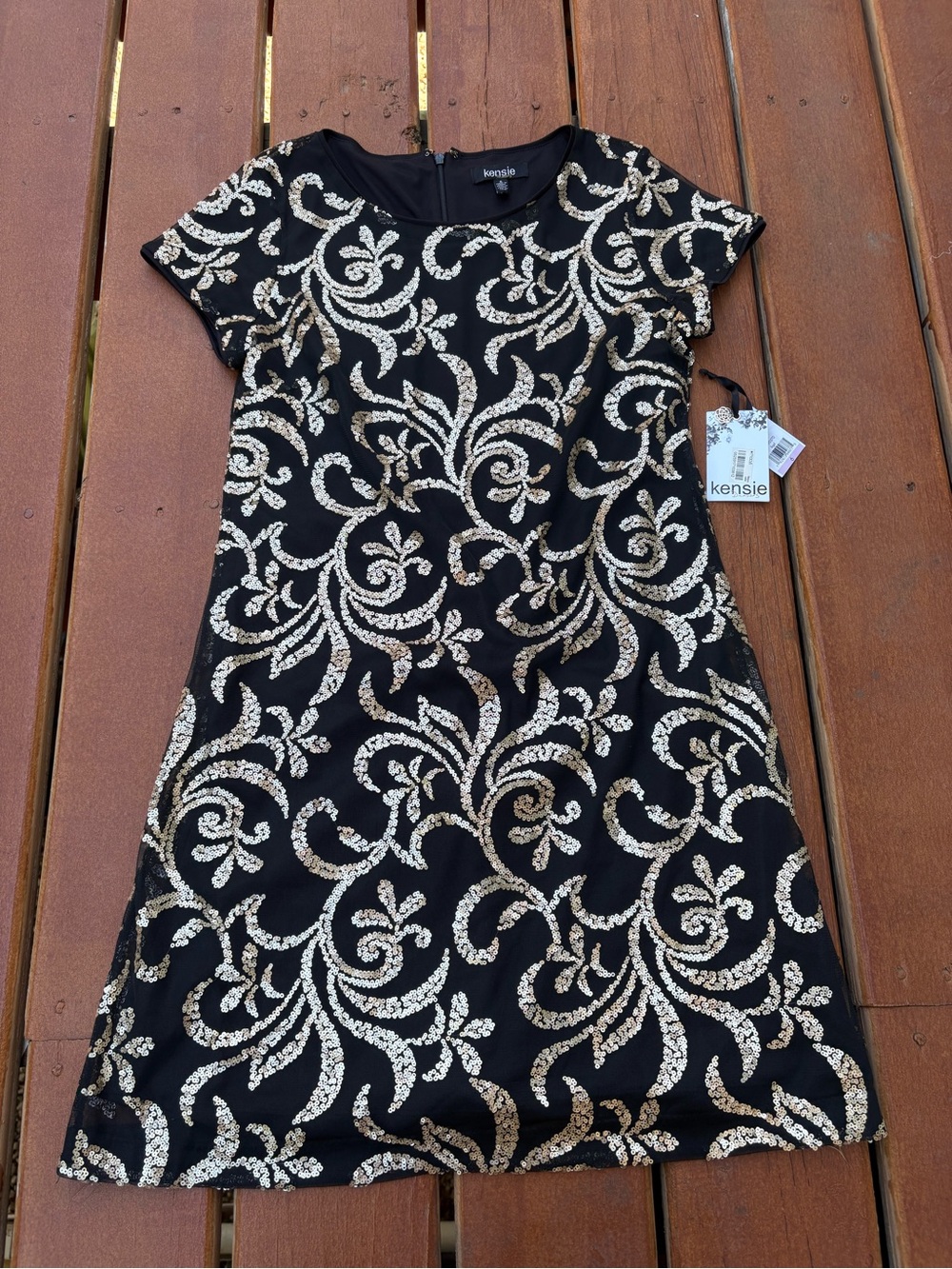 kensie Black Dress with Gold Sequin Scroll Pattern Party